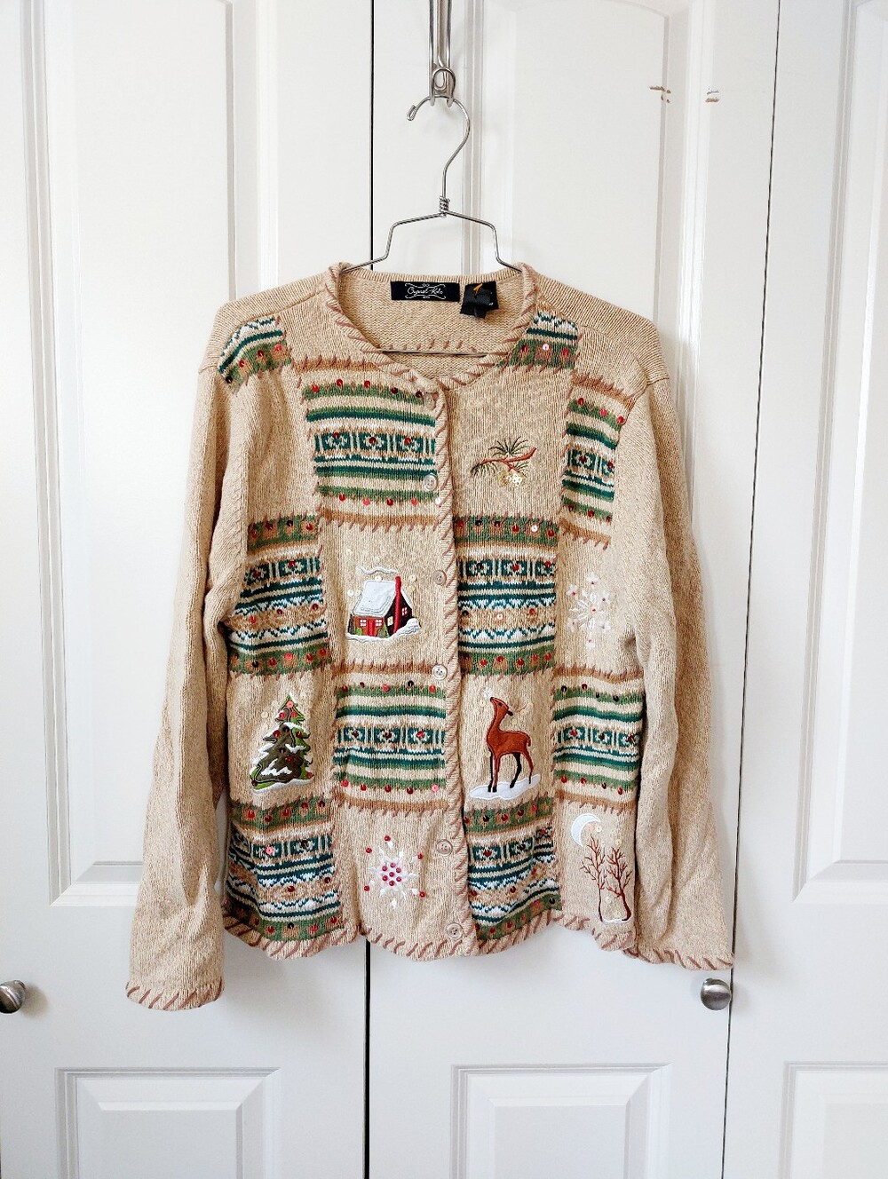Tan Patchwork Winter Cabin Deer Cardigan Sweater Large Crystal Kobe Cottagecore